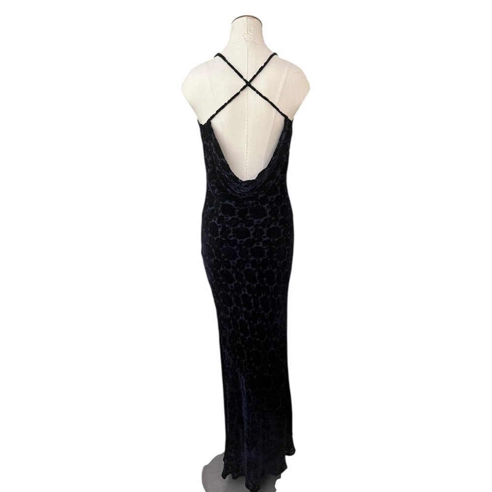 Vintage Velvet Burnout Slinky Cowl Maxi Gown Navy 4 Witchy Whimsygoth Vampire - Picture 4 of 14